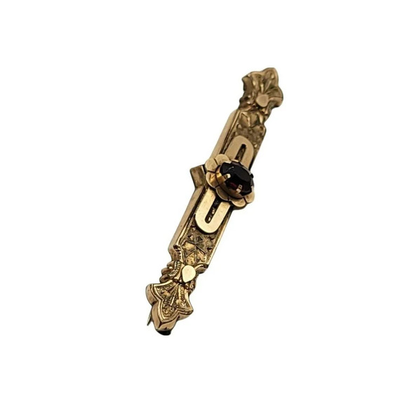 Antique Victorian Gold Filled Embossed Red Rhinestone Bar Pin Brooch C Clasp - Picture 2 of 4